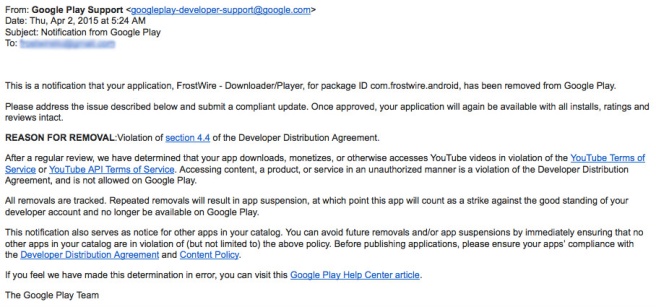 Google Play FrostWire Removal Notice Email